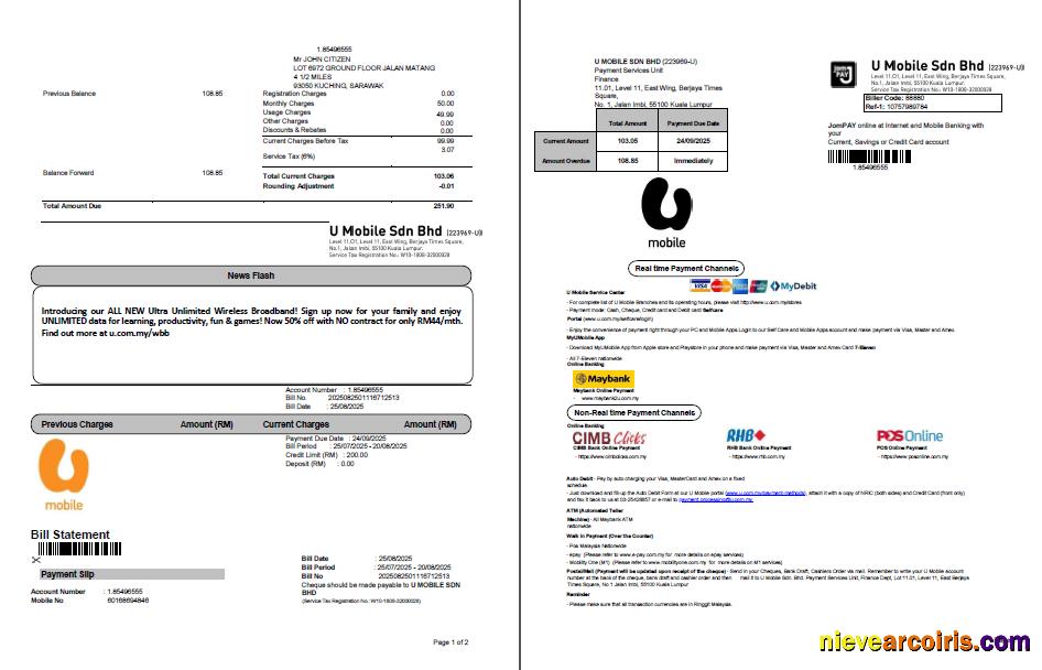 Malaysia U Mobile utility bill, 2 pages